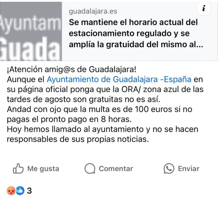 Las contradicciones del PP de Guarinos cuestan dinero a la ciudadanía: aparcar en Zona Azul, en agosto, por las tardes, sí conlleva multa